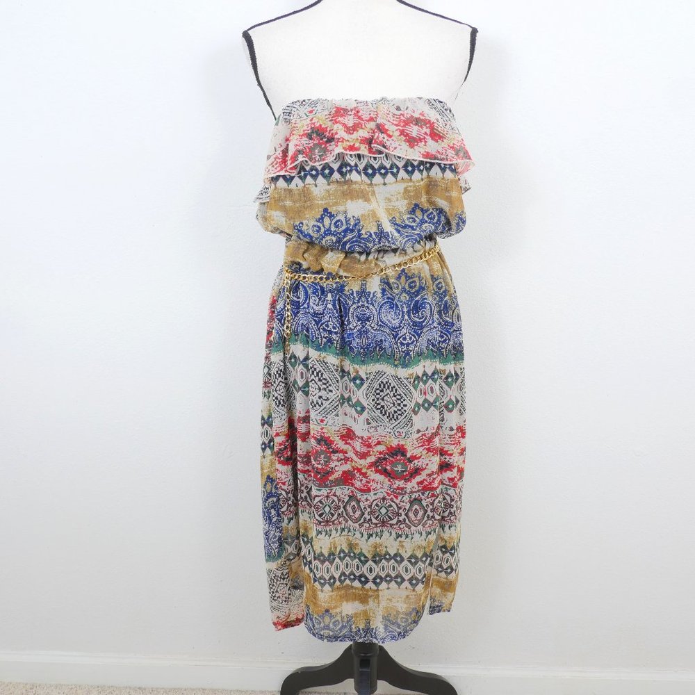 Libian Muti Color Abstract Boho Strapless Chain Belt Size 2X Maxi Dress